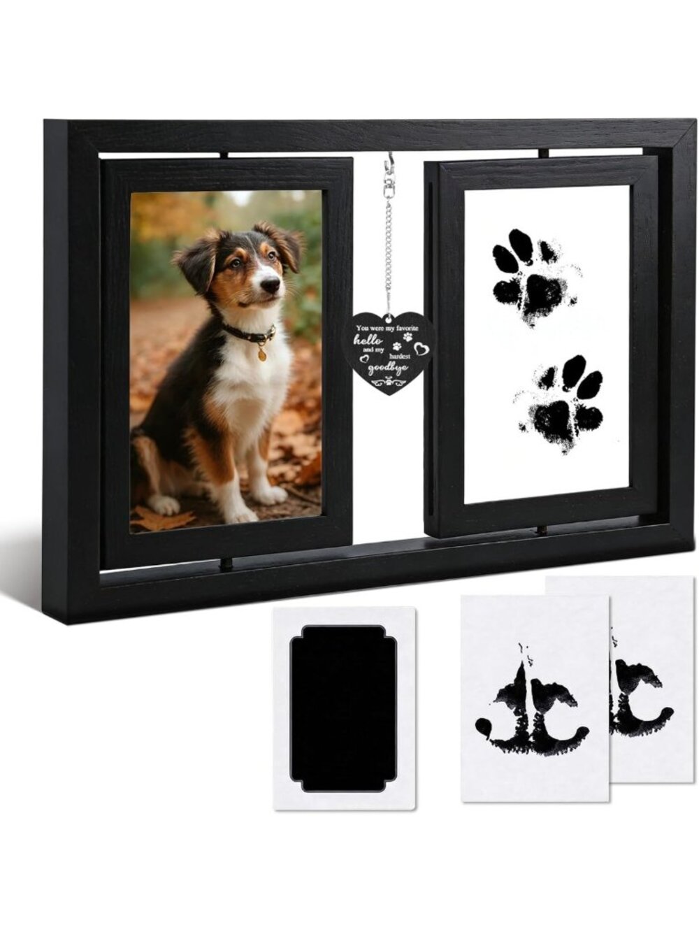 Dog Memorial Picture Frame 4x6 - Sympathy Gift, Rotating Wooden Paw Print Kit